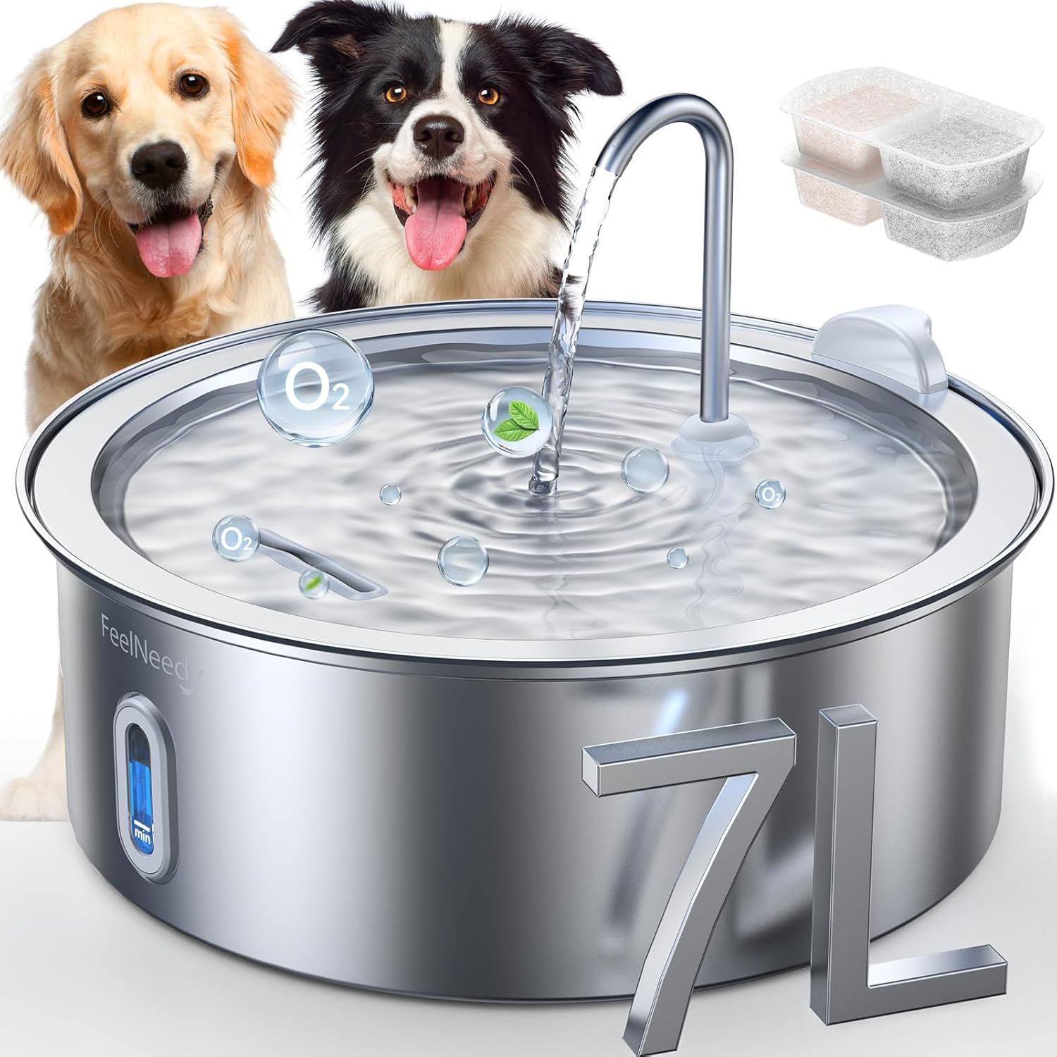 MINYE 7L Stainless Steel Pet Water Fountain - Automatic Dog/Cat Water Dispenser With Filter & Quiet Pump