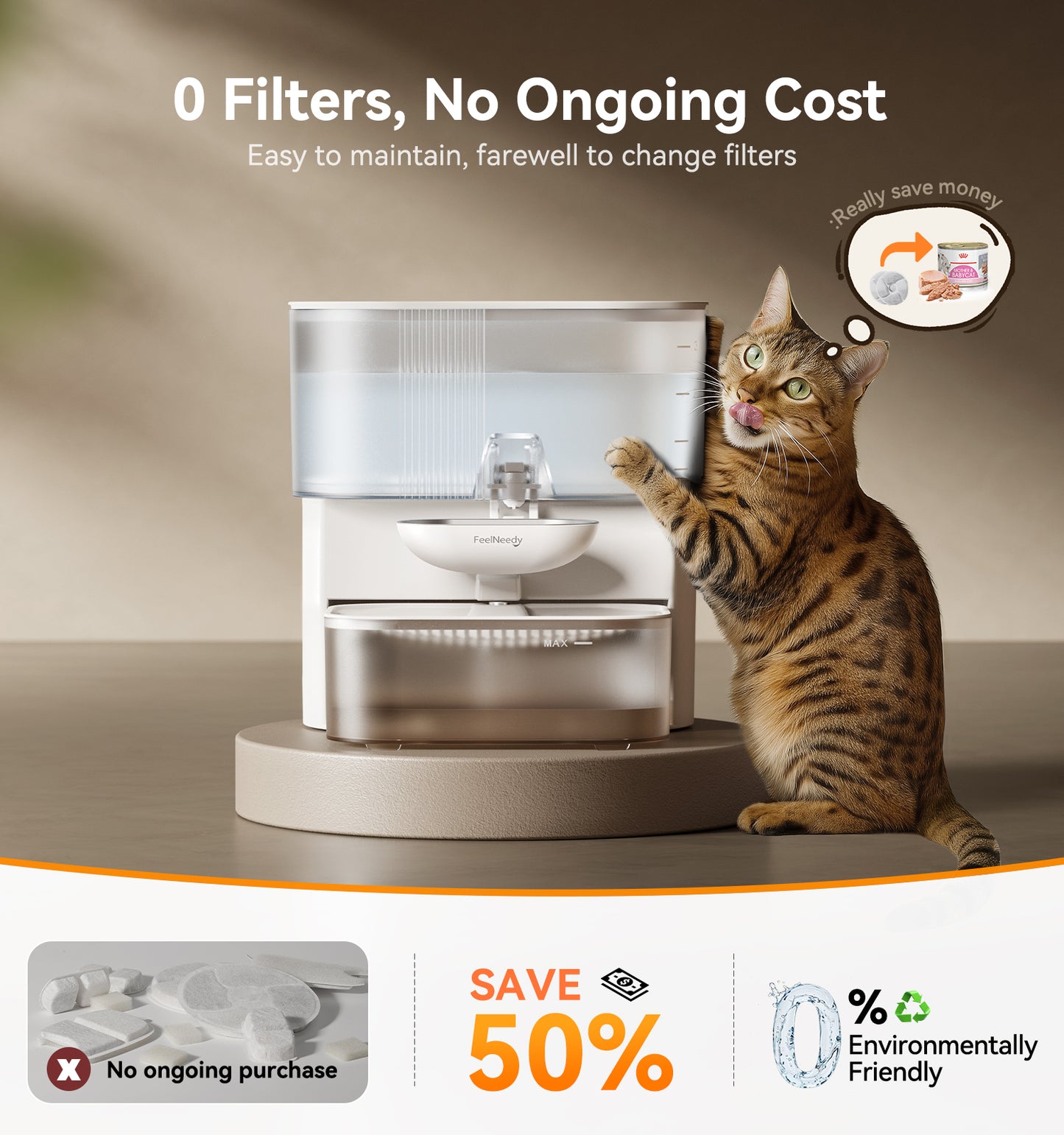 FEELNEEDY FN-W15 Wireless Cat Water Fountain No Filters, Wastewater Separation, Stainless Steel Bowl, 3.5L Pet Water Fountain