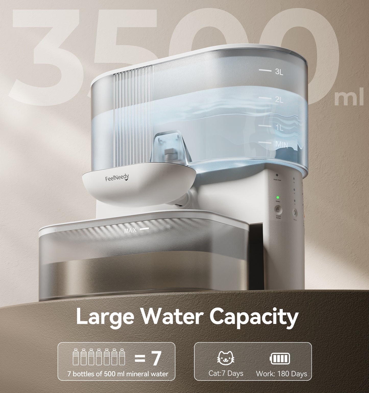 FEELNEEDY FN-W15 Wireless Cat Water Fountain No Filters, Wastewater Separation, Stainless Steel Bowl, 3.5L Pet Water Fountain