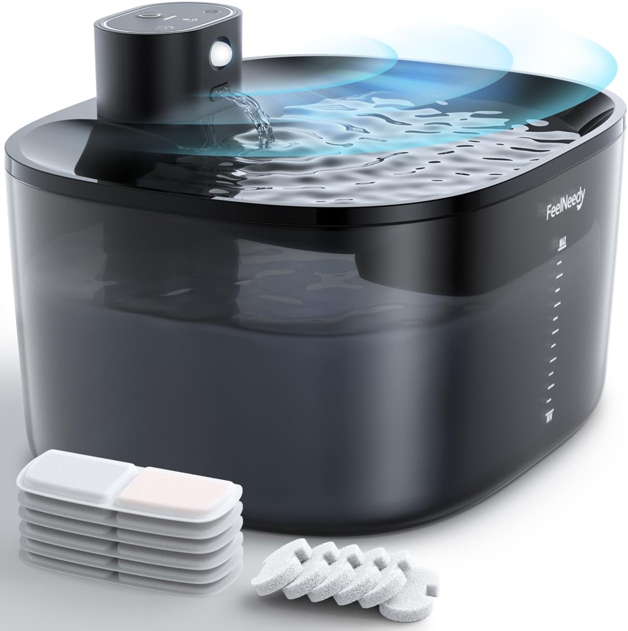FEELNEEDY 135 fl oz/4L Battery Operated Pet Water Fountain with Pump-Free Design (+6 Pack Filters)