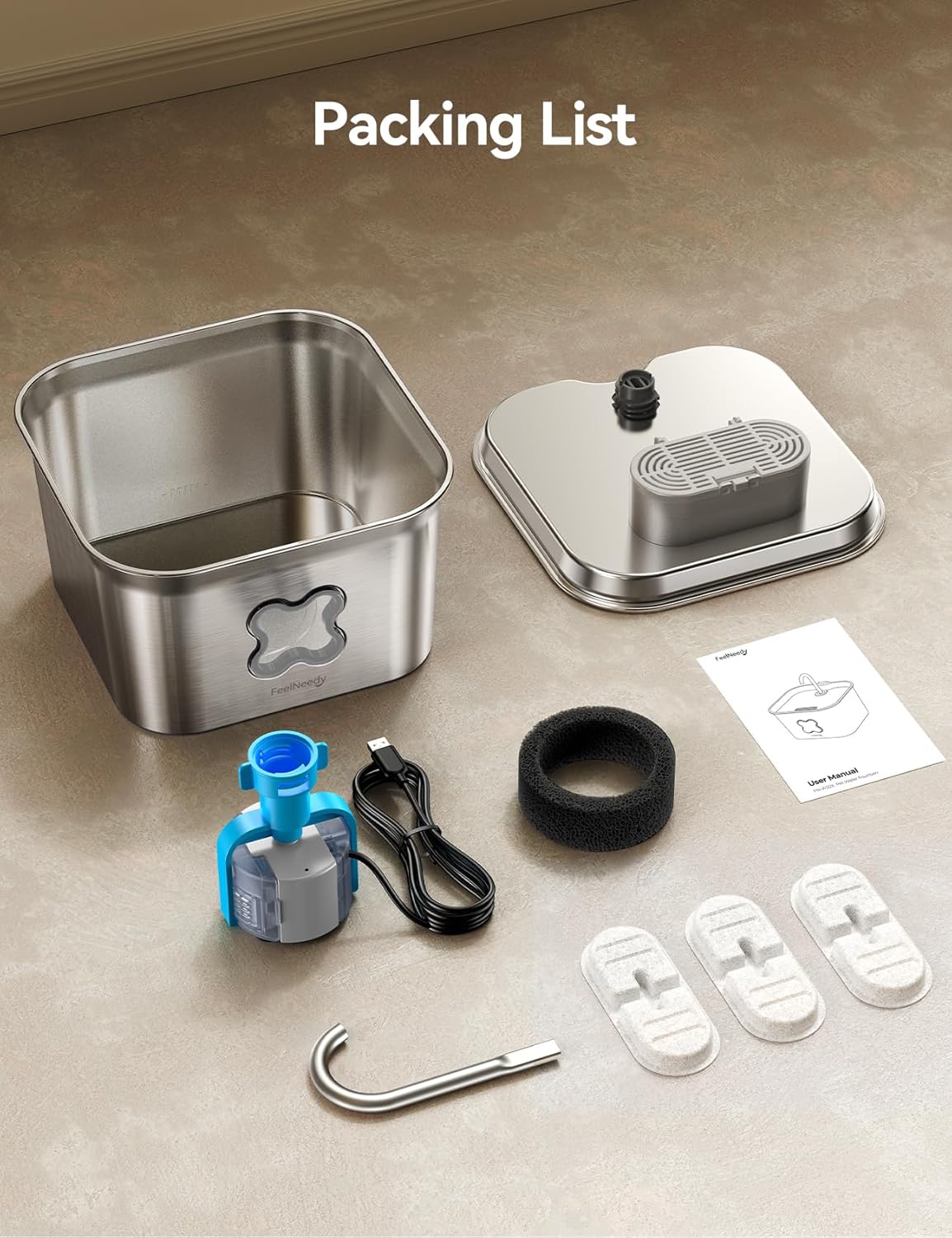 2.8L Cat Water Fountain for Drinking, FEELNEEDY UK W22X Stainless Steel Pet Water Fountain Cat Bowl with 3 Pack Filters, Visible Water Level, Dishwasher Safe
