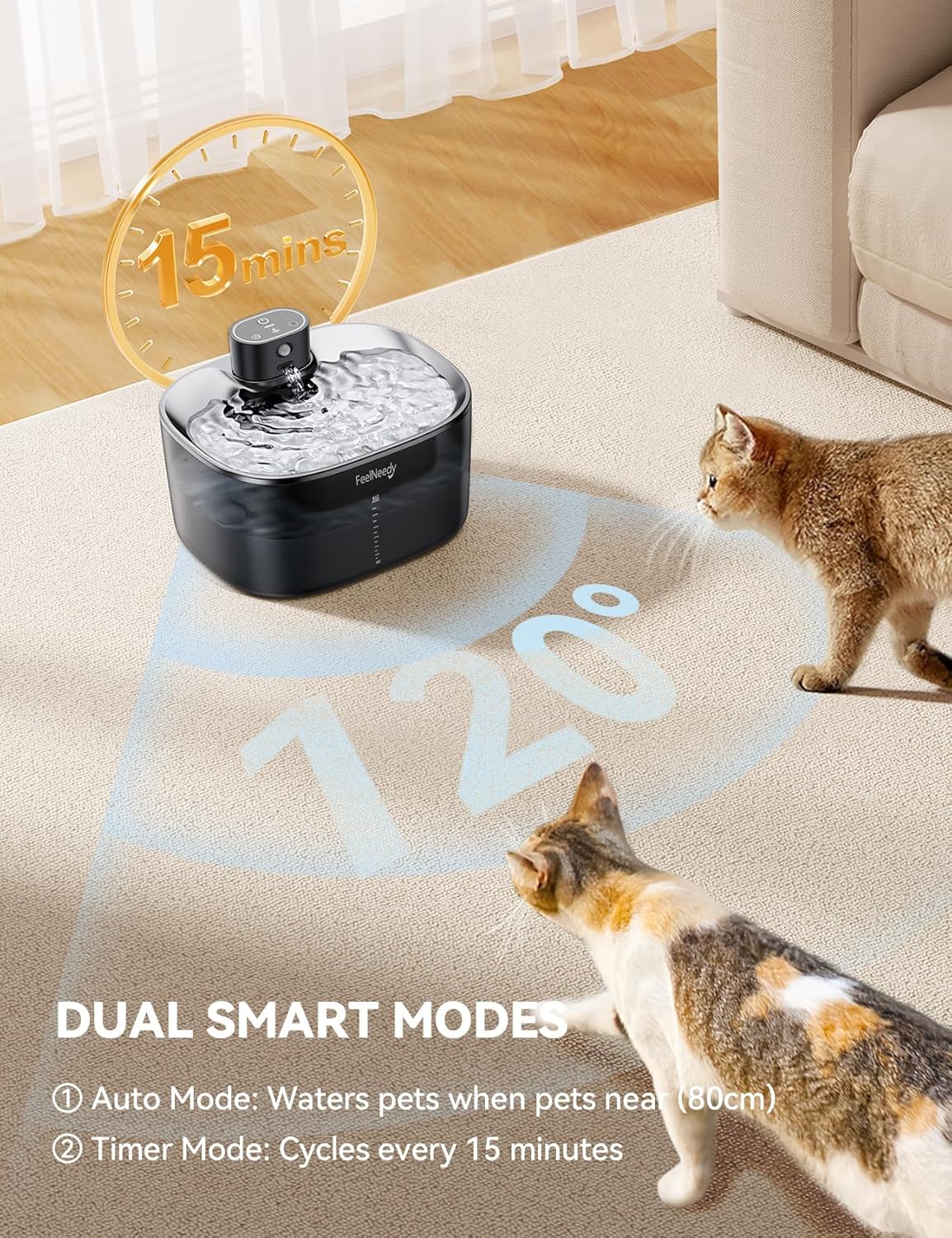 FEELNEEDY FN-W07 Wireless Cat Water Fountain, No Pump for Easy Cleaning, 4000mAh Detachable & Rechargeable Battery, Motion Sensor with Low Water & Power Alerts - Includes 6 Filters (4L/135oz)