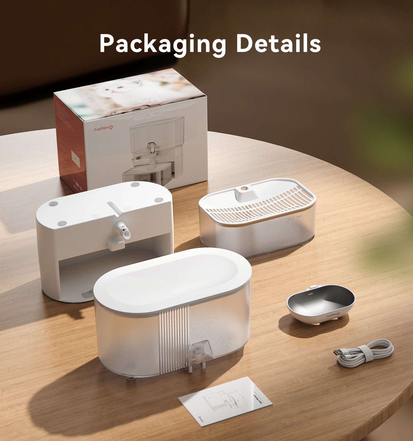 FEELNEEDY FN-W15 Wireless Cat Water Fountain No Filters, Wastewater Separation, Stainless Steel Bowl, 3.5L Pet Water Fountain