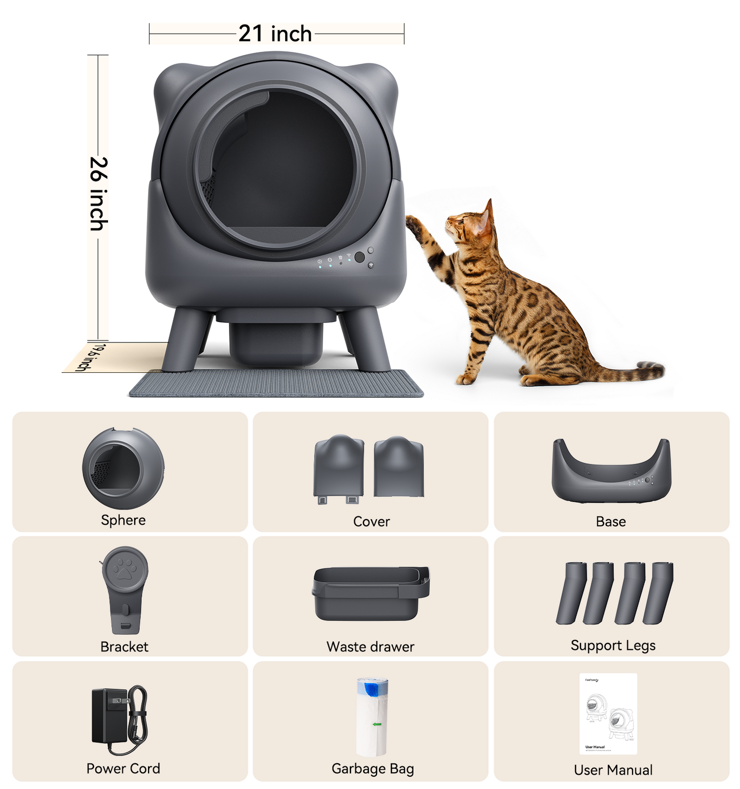 FEELNEEDY US S20 Self Cleaning Litter Box, Automatic Litter Box, Odor Control Robot, Cat Ears Design, 65L APP Real-Time Monitor, Cat Litter-Boxs for Multiple Cats, Safety Sensors, with 1 Trash Bag