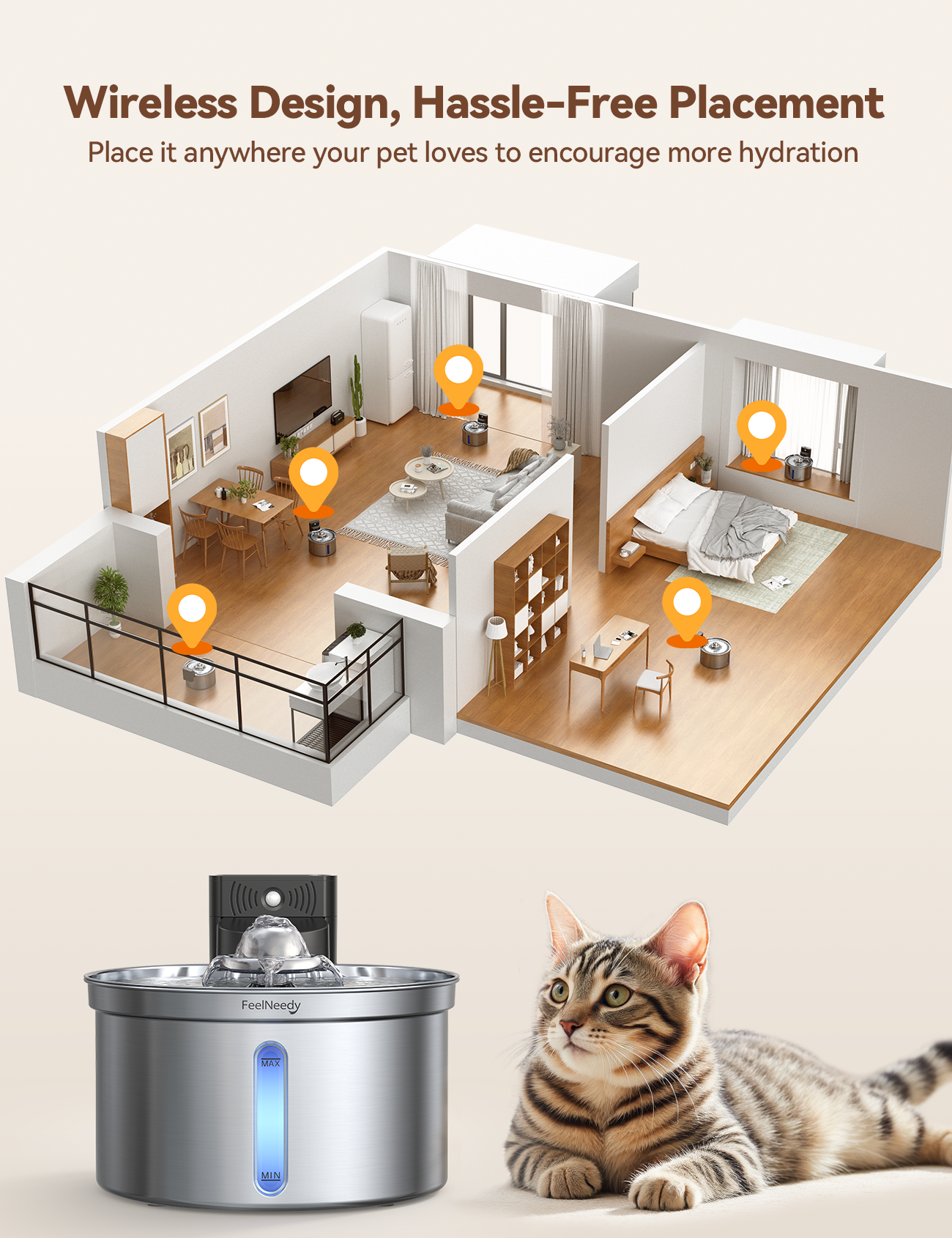 FeelNeedy FN-W19 Cordless Cat Water Fountain Stainless Steel with Motion Sensor