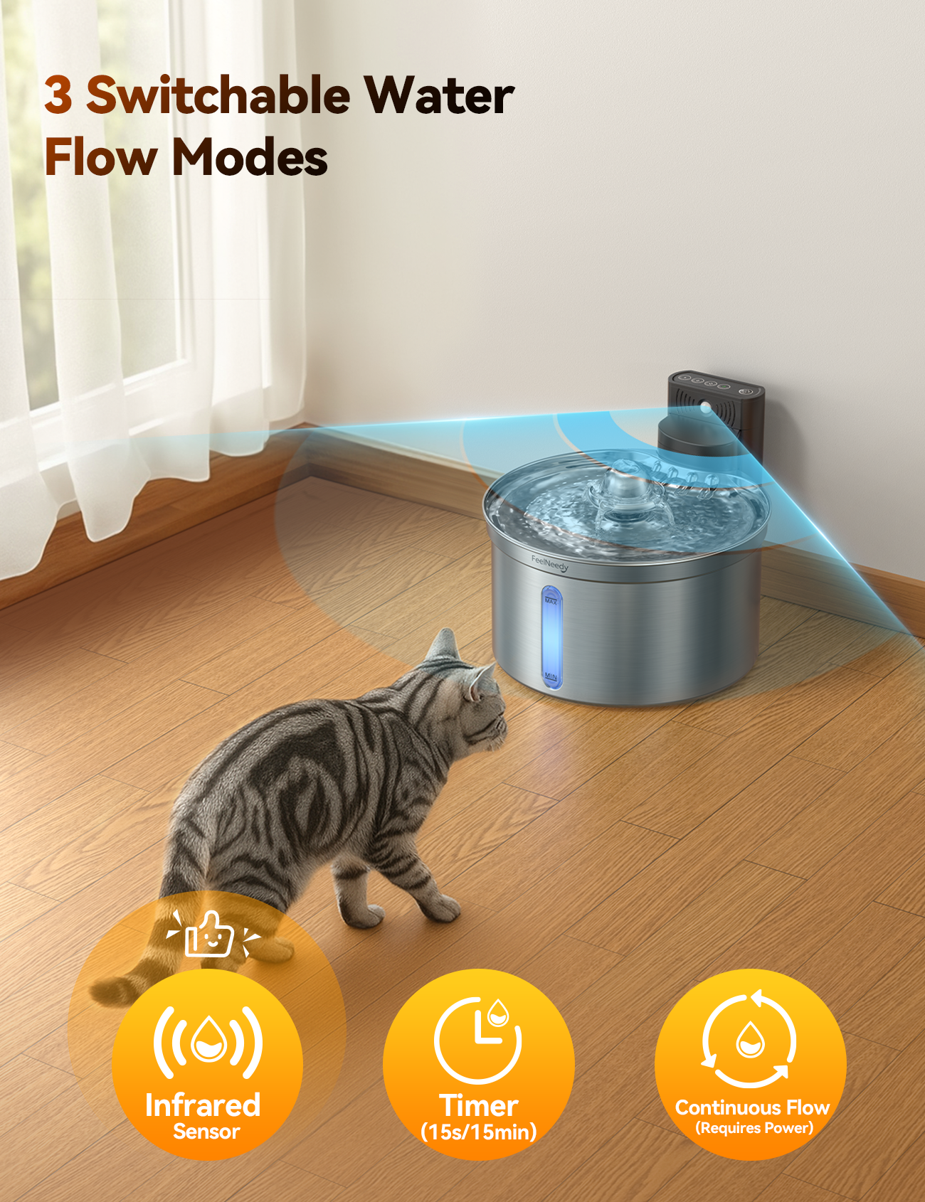 FeelNeedy FN-W19 Cordless Cat Water Fountain Stainless Steel with Motion Sensor