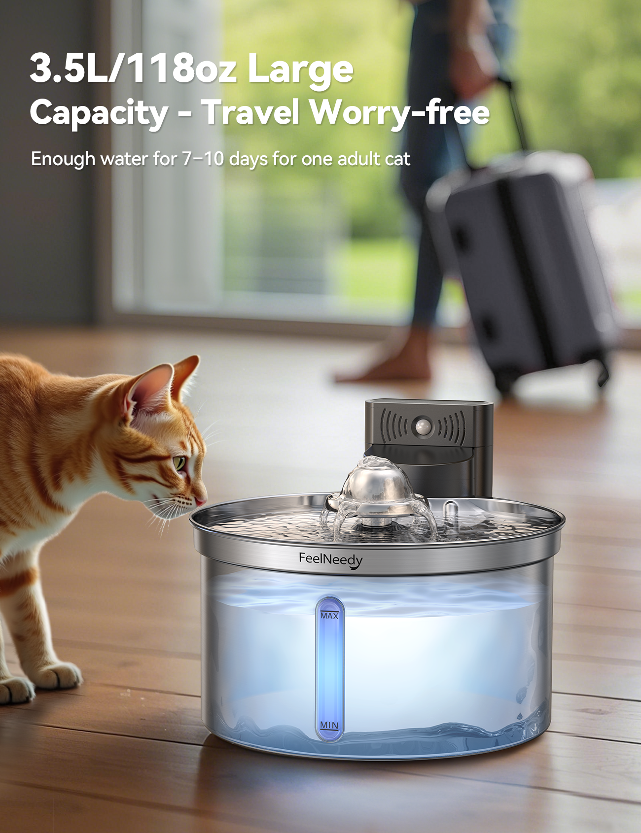 FeelNeedy FN-W19 Cordless Cat Water Fountain Stainless Steel with Motion Sensor