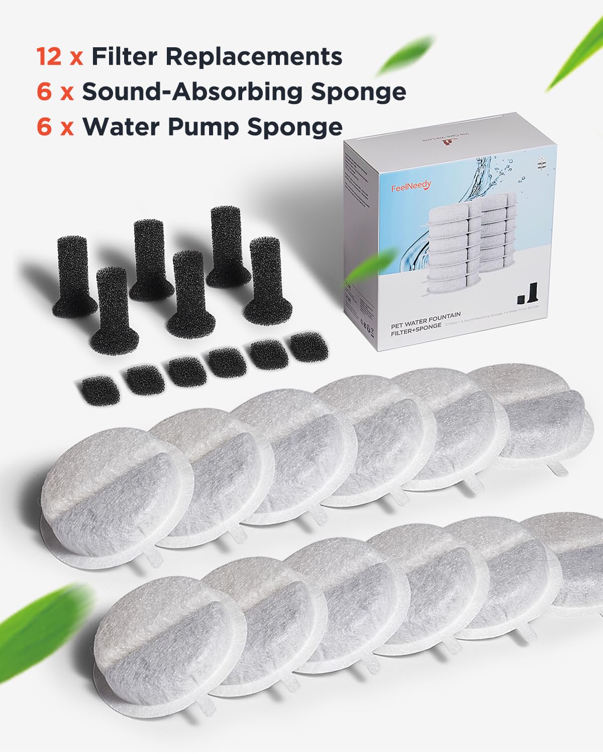 FEELNEEDY 12 Pack Filter & 6 Pack Pump Sponges & 6 Pack Sound-Absorbing Sponges for 2.5L Cat Water Fountain