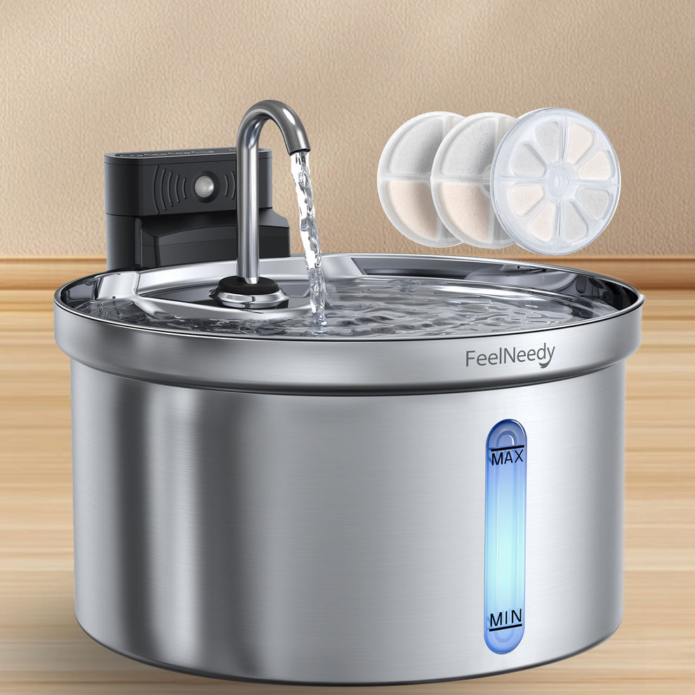 FEELNEEDY Stainless Steel Cat Water Fountain 3.5L Quiet Cat Water Fountain with Tap, 3 Filters and USB Charger, Automatic Cat Water Dispenser FEELNEEDY Stainless Steel Cat Water Fountain 3.5L Quiet Cat Water Fountain with Tap, 3 Filters and USB Charger, Automatic Cat Water Dispenser
