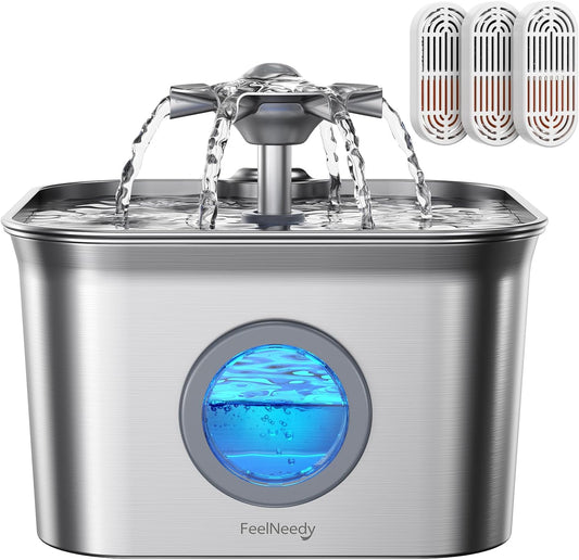 FEELNEEDY FN-W22 Stainless Steel Cat Water Fountain for Drinking,24/7 Circulation Filtration & LED Water Level Window& Dishwasher Safe