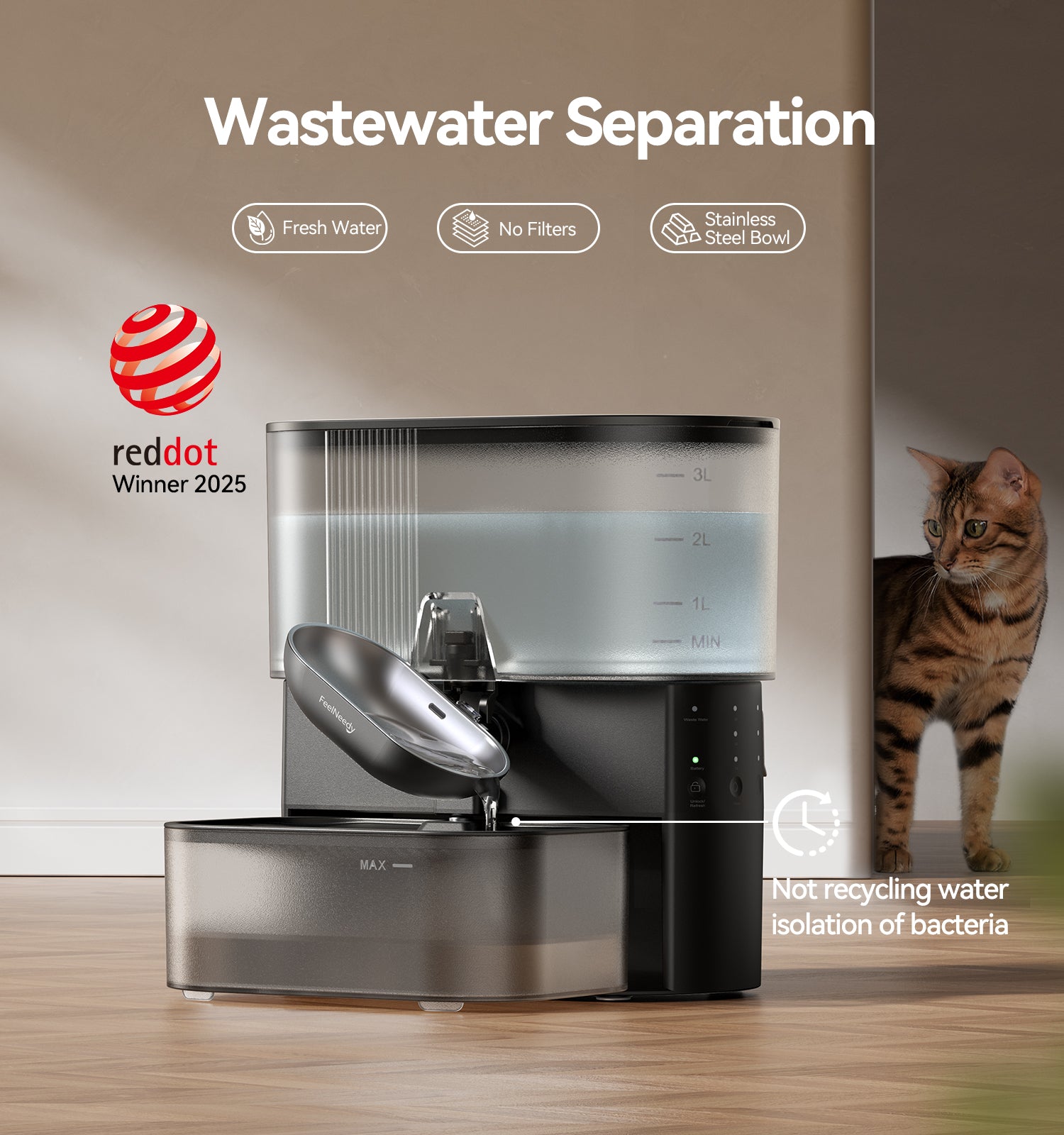 FEELNEEDY US FN-W15 Cat Water Fountain No Filters, Wastewater