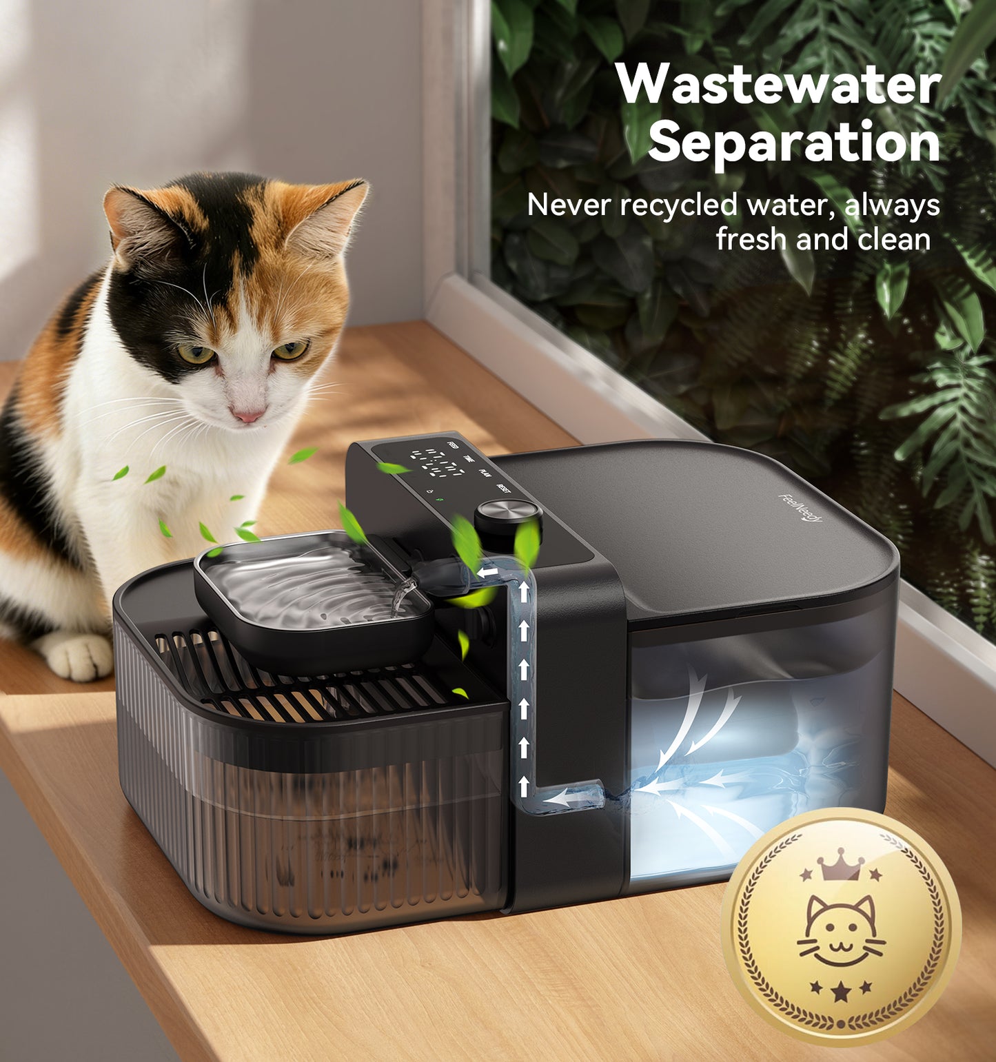 FEELNEEDY FN-W26 Wireless No Filters Cat Water Fountain, Wastewater Separation, Stainless Steel Bowl, 3000mAh 3.5L Pet Water Fountain for Indoor Cats & Dogs Dispenser, Black