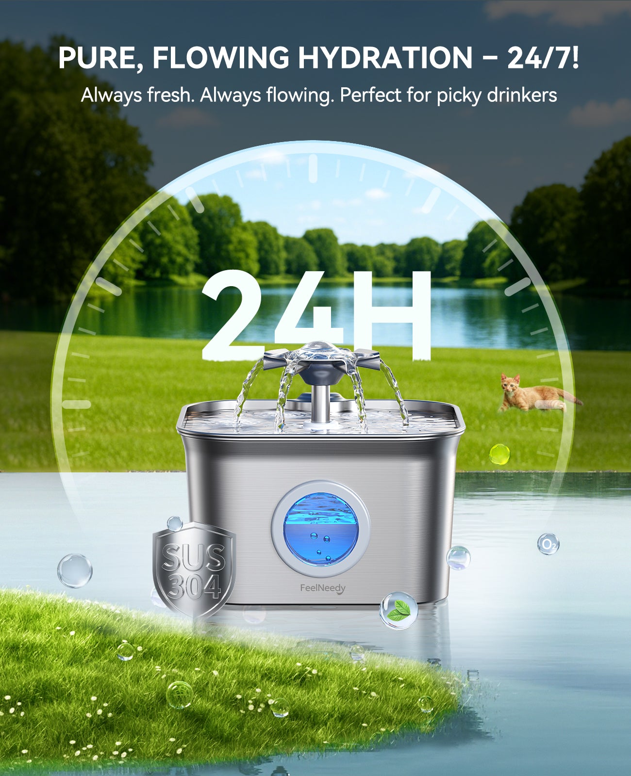 FEELNEEDY US FN-W22 Stainless Steel Cat Water Fountain, 99oz/2.8L