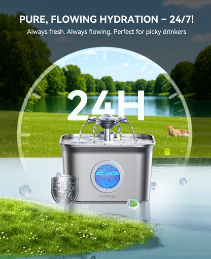 FEELNEEDY US FN-W22 Stainless Steel Cat Water Fountain, 99oz/2.8L Auto Pet Drinking Fountain with 20dB Ultra-Quiet Pump- Ideal for Timid Pets, LED Water Level Window, Dishwasher Safe, 24/7 Circulating Flow