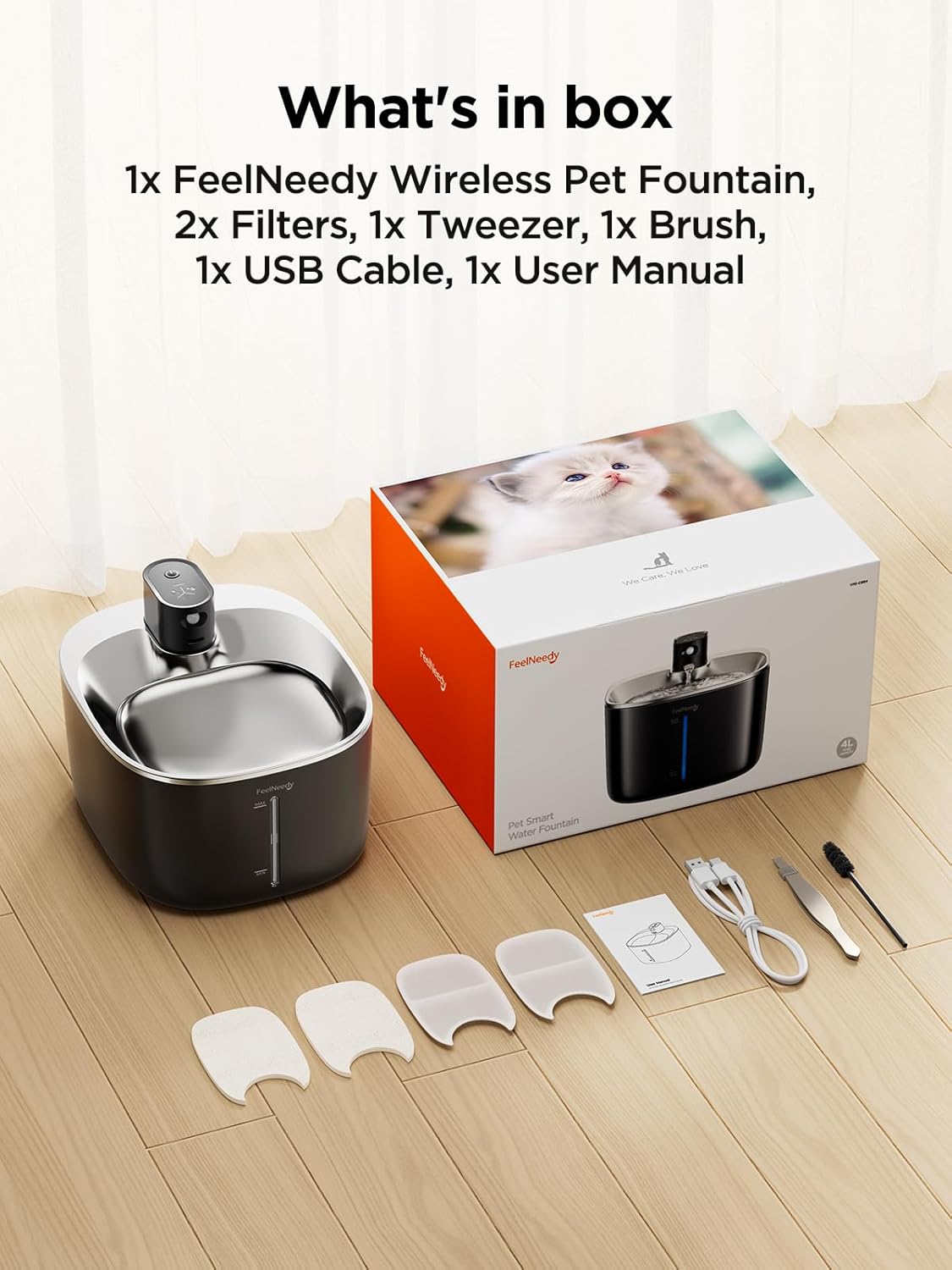 FEELNEEDY C004P 猫 給水器 コードレス 充電式 4L 活性炭フィルター2枚付 スマートペット用循環式自動給水器