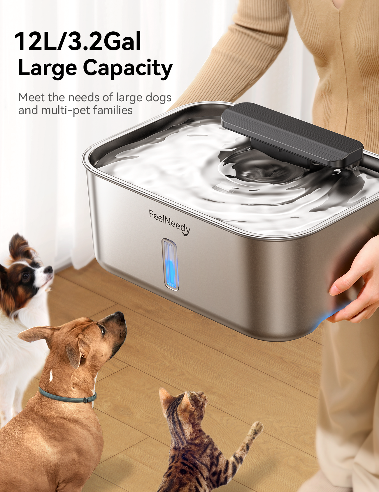 FeelNeedy US FN-W13 3 Gal Stainless Steel Dog Water Fountain for Large Dog, Dog Water Bowl Dispenser with Water Level Window, Super Quiet Pet Water Fountain for S-L Dogs and Multi-Pet with 10 Filters & 10 Filter Sponges