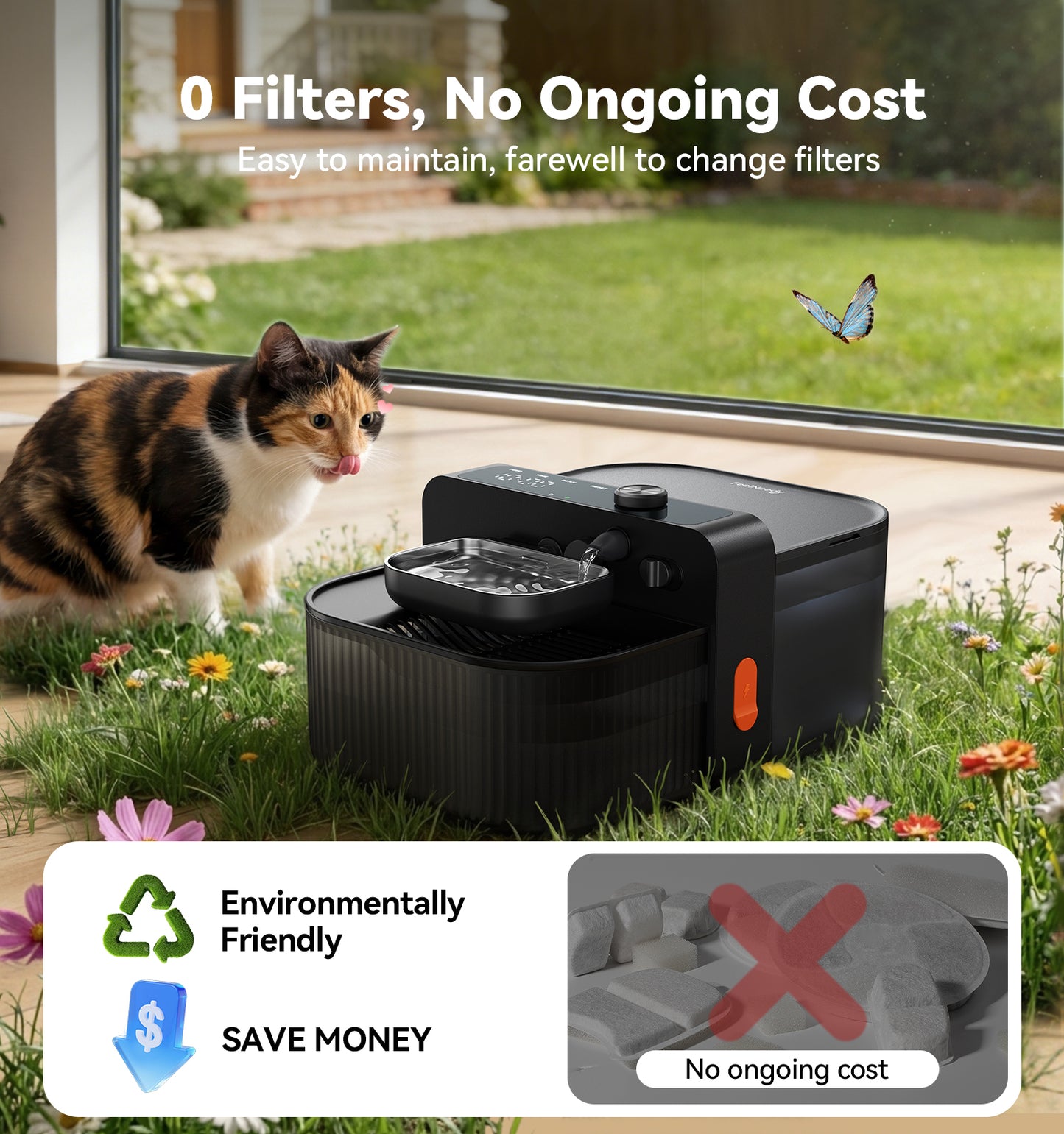 FEELNEEDY FN-W26 Wireless No Filters Cat Water Fountain, Wastewater Separation, Stainless Steel Bowl, 3000mAh 3.5L Pet Water Fountain for Indoor Cats & Dogs Dispenser, Black