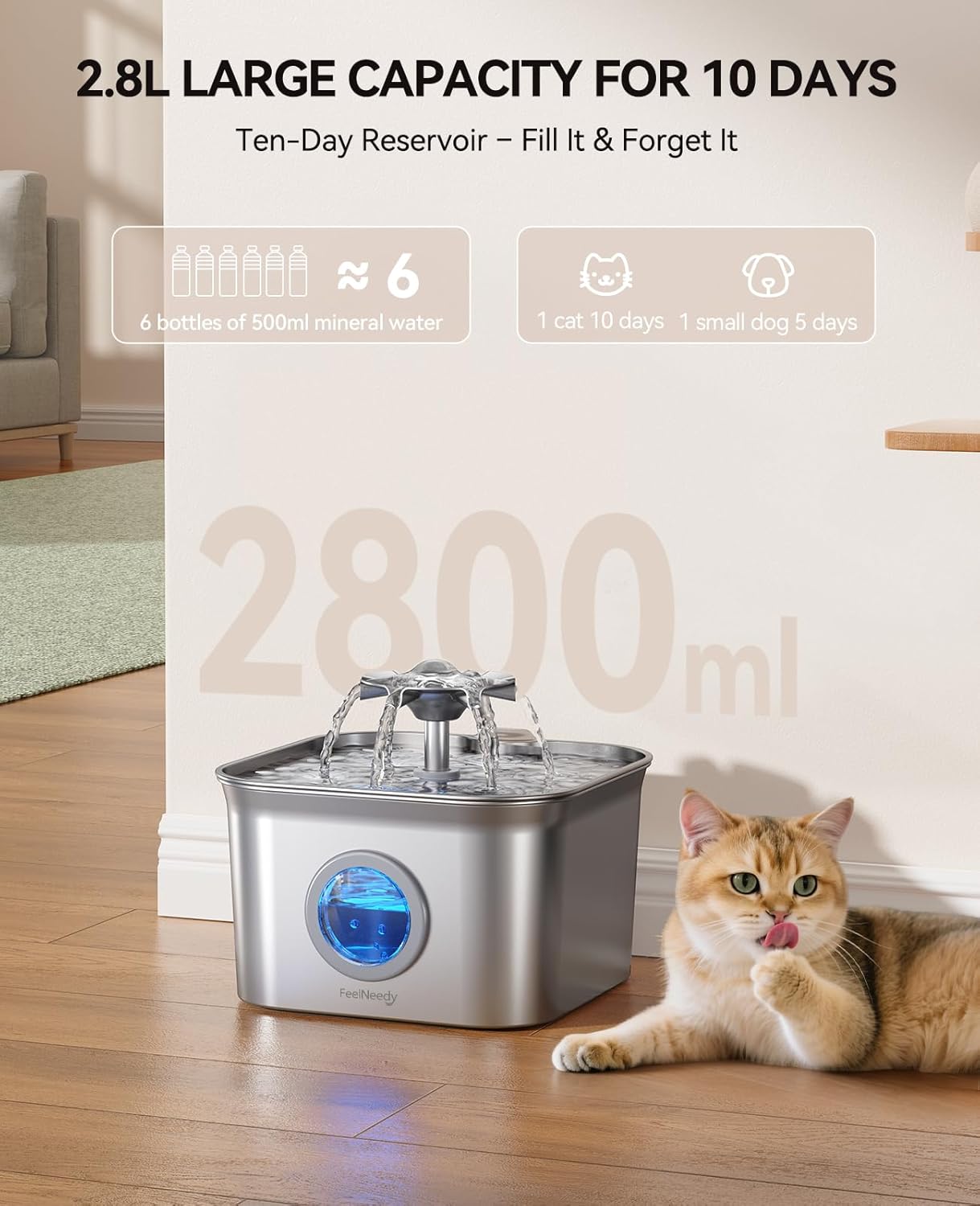 FEELNEEDY FN-W22 Stainless Steel Cat Water Fountain for Drinking,24/7 Circulation Filtration & LED Water Level Window& Dishwasher Safe