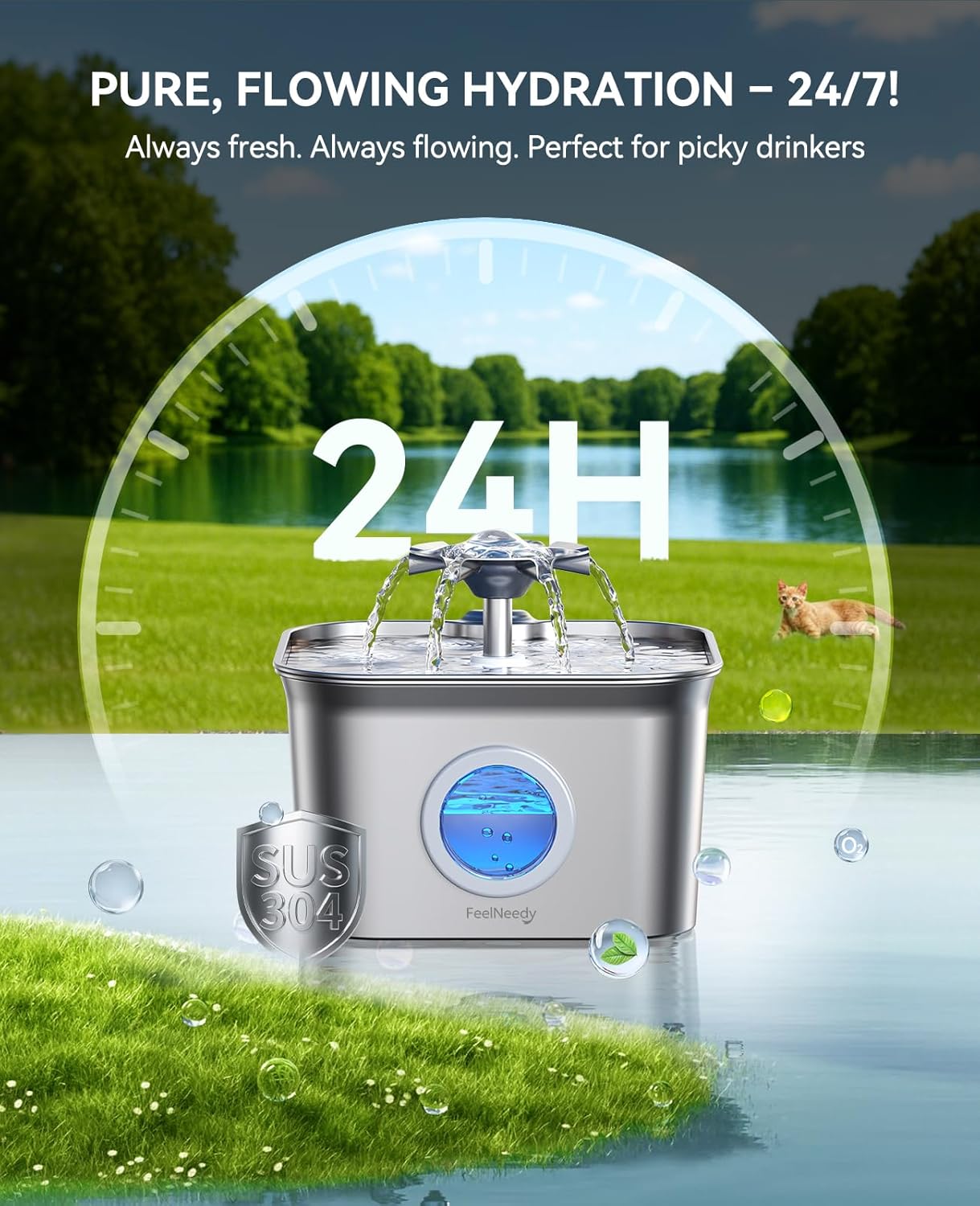 FEELNEEDY FN-W22 Stainless Steel Cat Water Fountain for Drinking,24/7 Circulation Filtration & LED Water Level Window& Dishwasher Safe