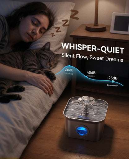 FEELNEEDY US FN-W22 Stainless Steel Cat Water Fountain, 99oz/2.8L Auto Pet Drinking Fountain with 20dB Ultra-Quiet Pump- Ideal for Timid Pets, LED Water Level Window, Dishwasher Safe, 24/7 Circulating Flow