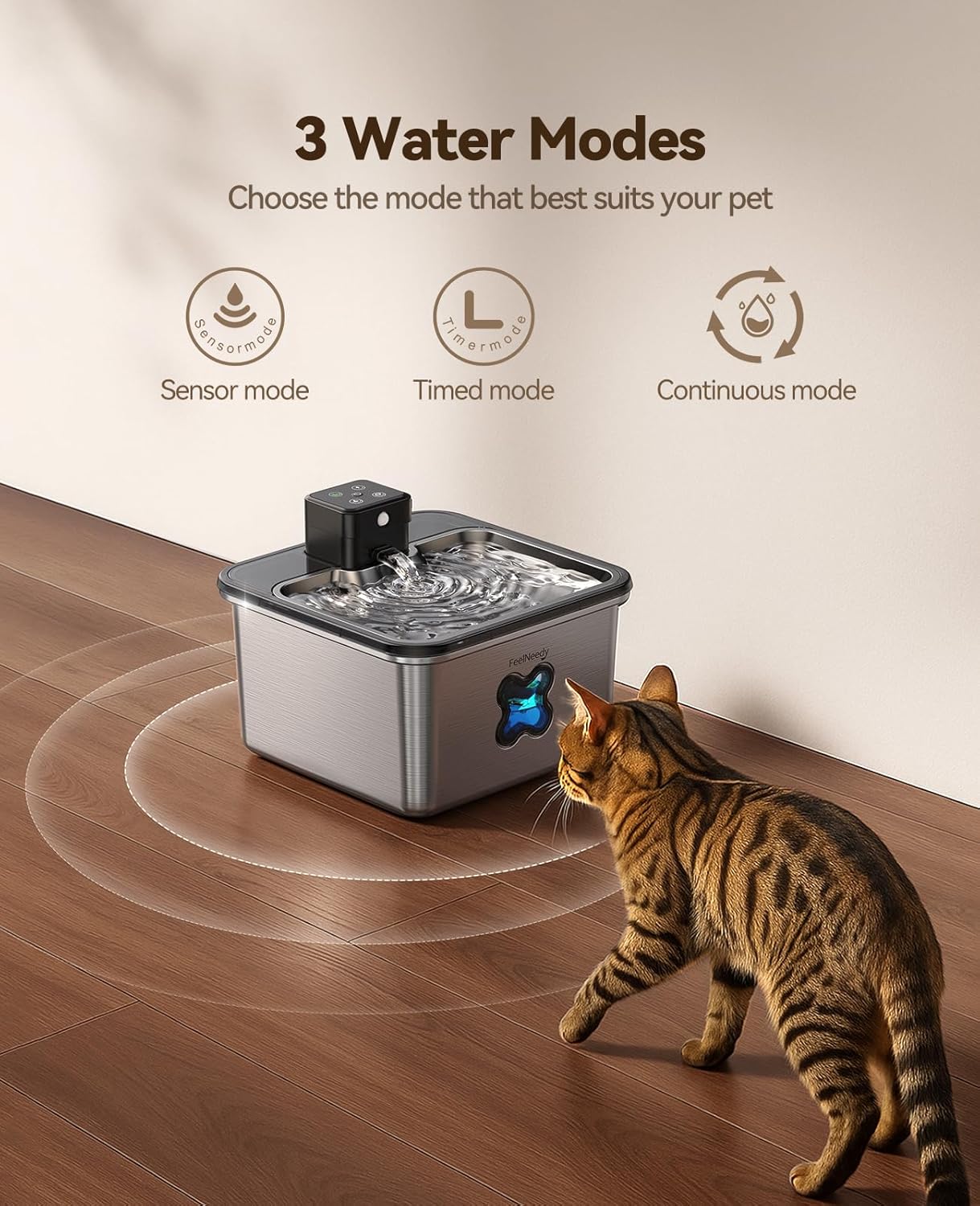 FEELNEEDY US FN-W17S Water Fountain Cordless Stainless Steel 3.2L Operated Pet Fountain with Sensor