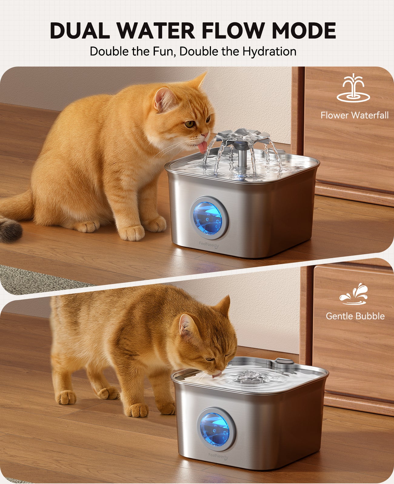 FEELNEEDY US FN-W22 Stainless Steel Cat Water Fountain, 99oz/2.8L Auto Pet Drinking Fountain with 20dB Ultra-Quiet Pump- Ideal for Timid Pets, LED Water Level Window, Dishwasher Safe, 24/7 Circulating Flow