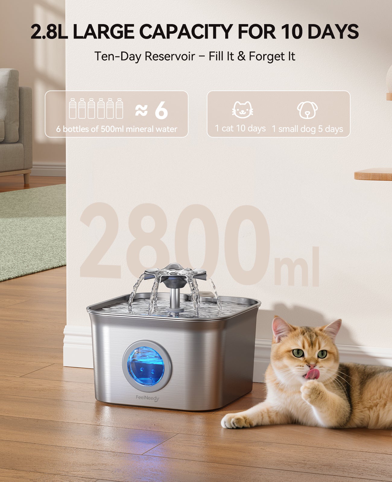 FEELNEEDY US FN-W22 Stainless Steel Cat Water Fountain, 99oz/2.8L Auto Pet Drinking Fountain with 20dB Ultra-Quiet Pump- Ideal for Timid Pets, LED Water Level Window, Dishwasher Safe, 24/7 Circulating Flow