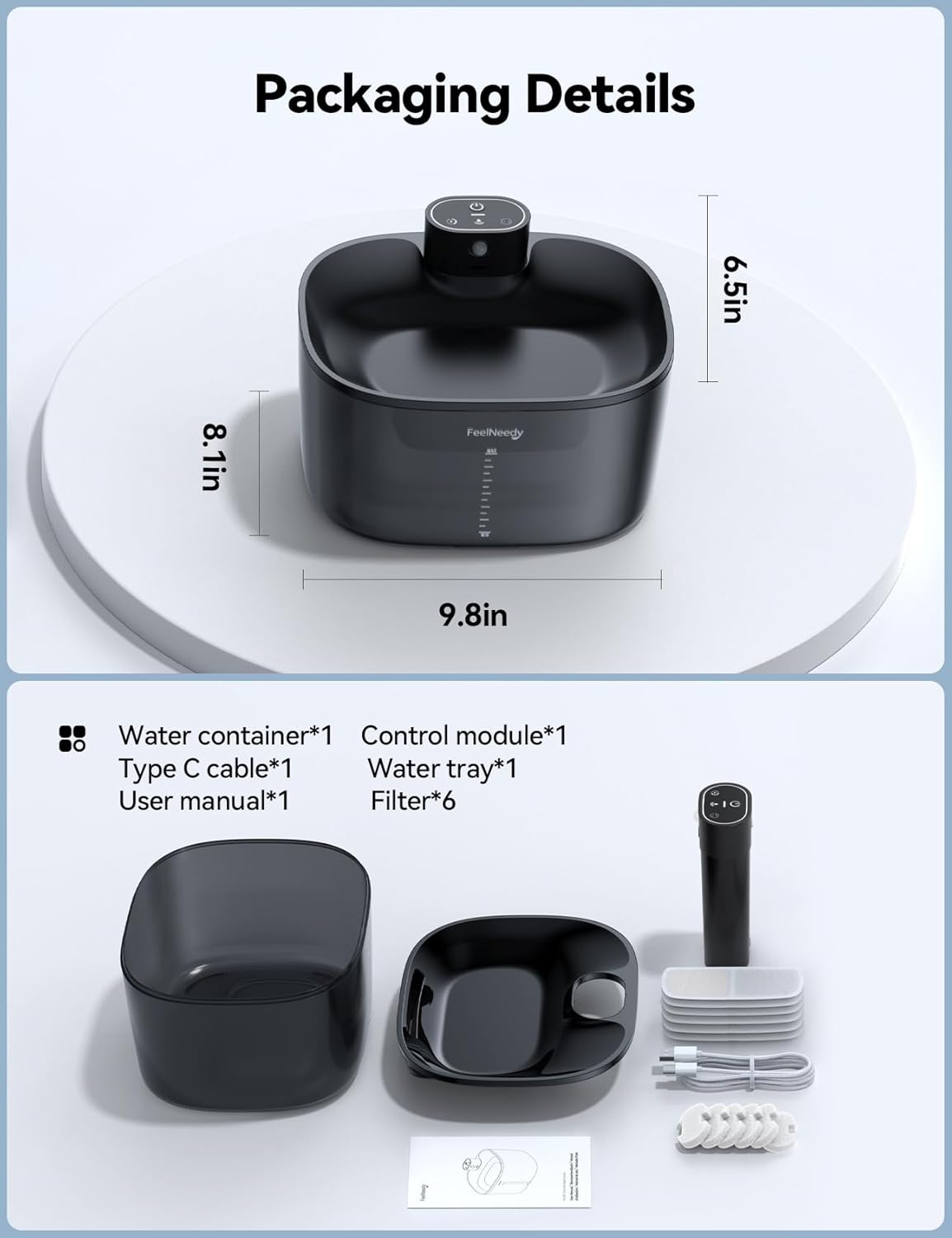 Wireless Cat Water Fountain, FEELNEEDY 4L/135 fl oz Battery Operated Pet Water Fountain for Cats Pump-Free Design, Motion Sensor Cat Drinking Fountain Ultra Quiet (Clear Black+6 Pack Filters,FN-W07)