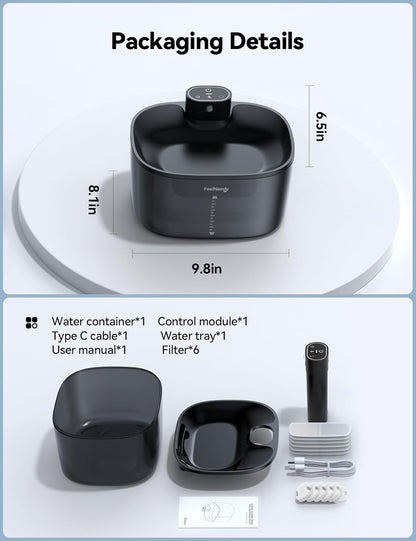 Wireless Cat Water Fountain, FEELNEEDY 4L/135 fl oz Battery Operated Pet Water Fountain for Cats Pump-Free Design, Motion Sensor Cat Drinking Fountain Ultra Quiet (Clear Black+6 Pack Filters,FN-W07)