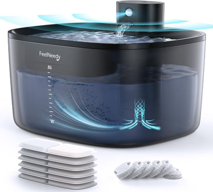 Wireless Cat Water Fountain, FEELNEEDY 4L/135 fl oz Battery Operated Pet Water Fountain for Cats Pump-Free Design, Motion Sensor Cat Drinking Fountain Ultra Quiet (Clear Black+6 Pack Filters,FN-W07)