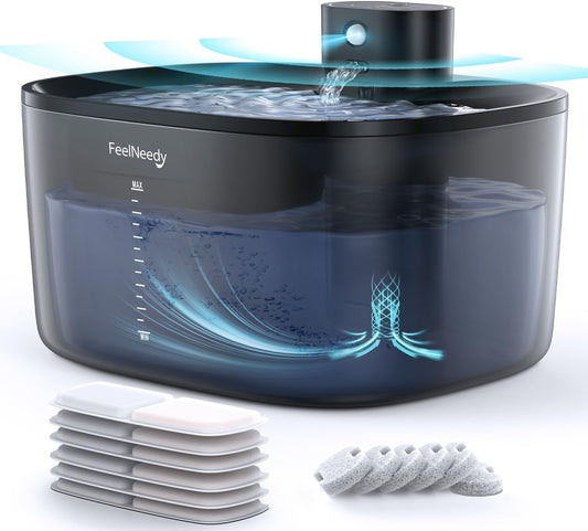 Wireless Cat Water Fountain, FEELNEEDY 4L/135 fl oz Battery Operated Pet Water Fountain for Cats Pump-Free Design, Motion Sensor Cat Drinking Fountain Ultra Quiet (Clear Black+6 Pack Filters,FN-W07)