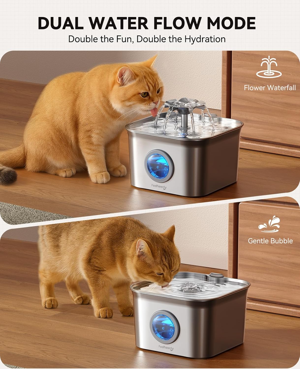FEELNEEDY FN-W22 Stainless Steel Cat Water Fountain for Drinking,24/7 Circulation Filtration & LED Water Level Window& Dishwasher Safe