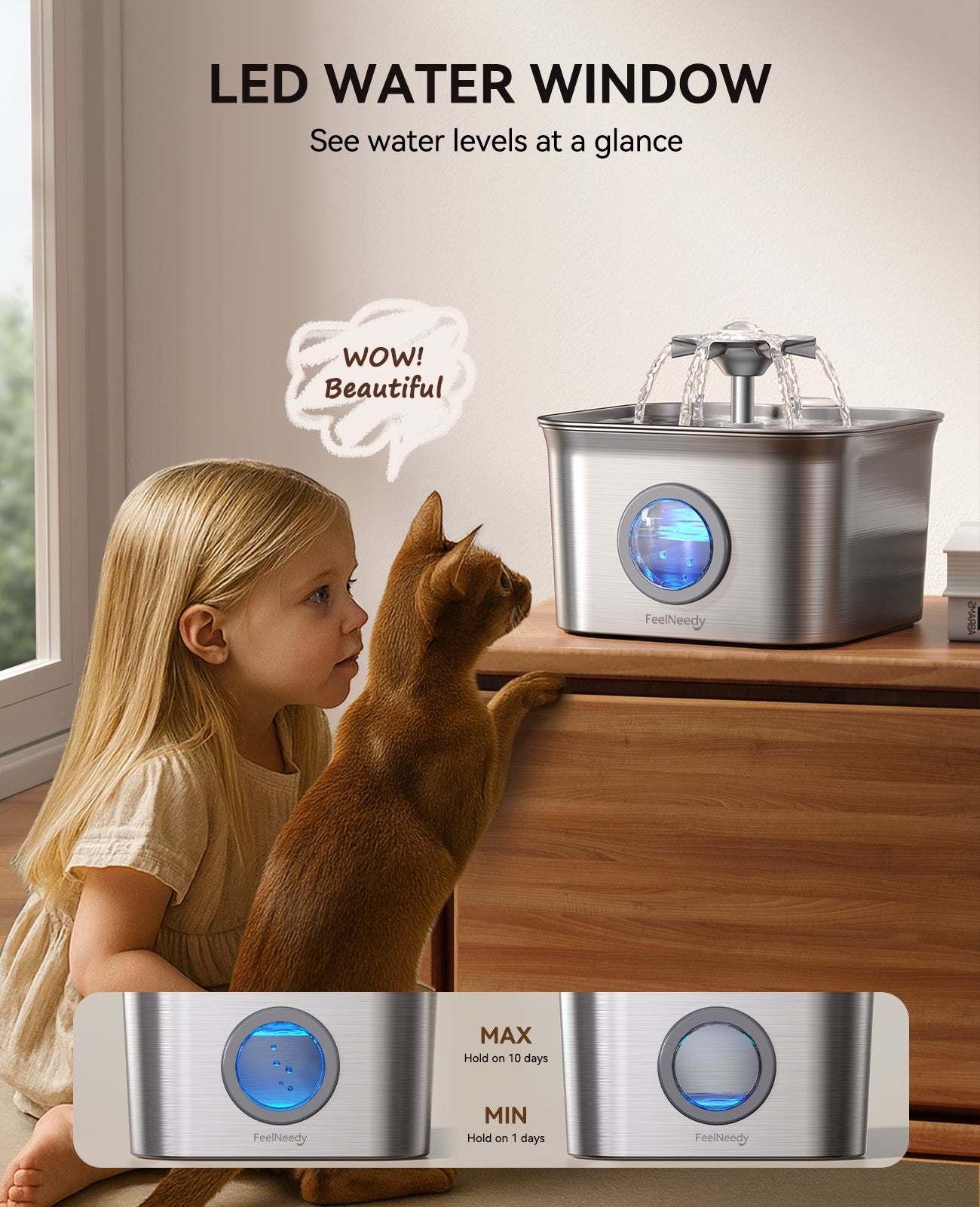 FEELNEEDY US FN-W22 Stainless Steel Cat Water Fountain, 99oz/2.8L Auto Pet Drinking Fountain with 20dB Ultra-Quiet Pump- Ideal for Timid Pets, LED Water Level Window, Dishwasher Safe, 24/7 Circulating Flow