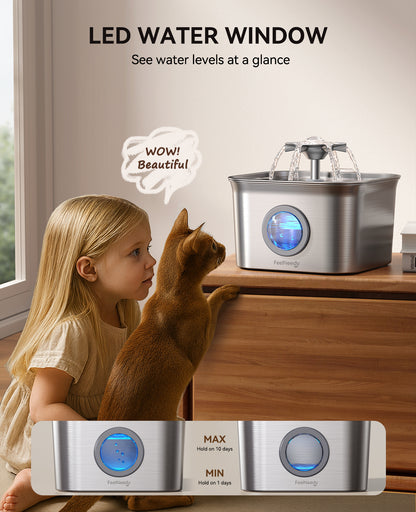 FEELNEEDY US FN-W22 Stainless Steel Cat Water Fountain, 99oz/2.8L Auto Pet Drinking Fountain with 20dB Ultra-Quiet Pump- Ideal for Timid Pets, LED Water Level Window, Dishwasher Safe, 24/7 Circulating Flow