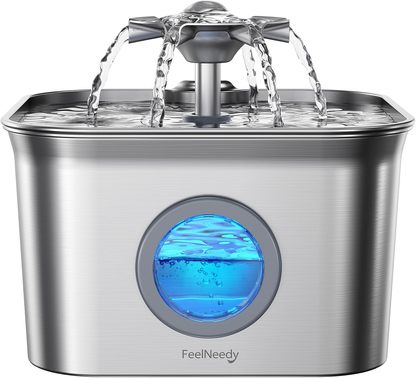 FEELNEEDY US FN-W22 Stainless Steel Cat Water Fountain, 99oz/2.8L Auto Pet Drinking Fountain with 20dB Ultra-Quiet Pump- Ideal for Timid Pets, LED Water Level Window, Dishwasher Safe, 24/7 Circulating Flow