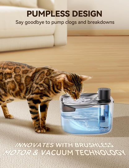 FEELNEEDY FN-W07 Wireless Cat Water Fountain, No Pump for Easy Cleaning, 4000mAh Detachable & Rechargeable Battery, Motion Sensor with Low Water & Power Alerts - Includes 6 Filters (4L/135oz)