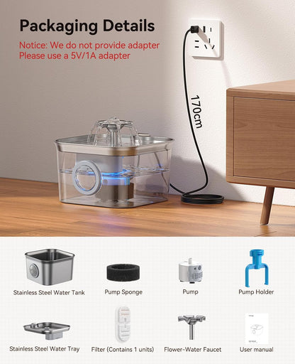 FEELNEEDY US FN-W22 Stainless Steel Cat Water Fountain, 99oz/2.8L Auto Pet Drinking Fountain with 20dB Ultra-Quiet Pump- Ideal for Timid Pets, LED Water Level Window, Dishwasher Safe, 24/7 Circulating Flow