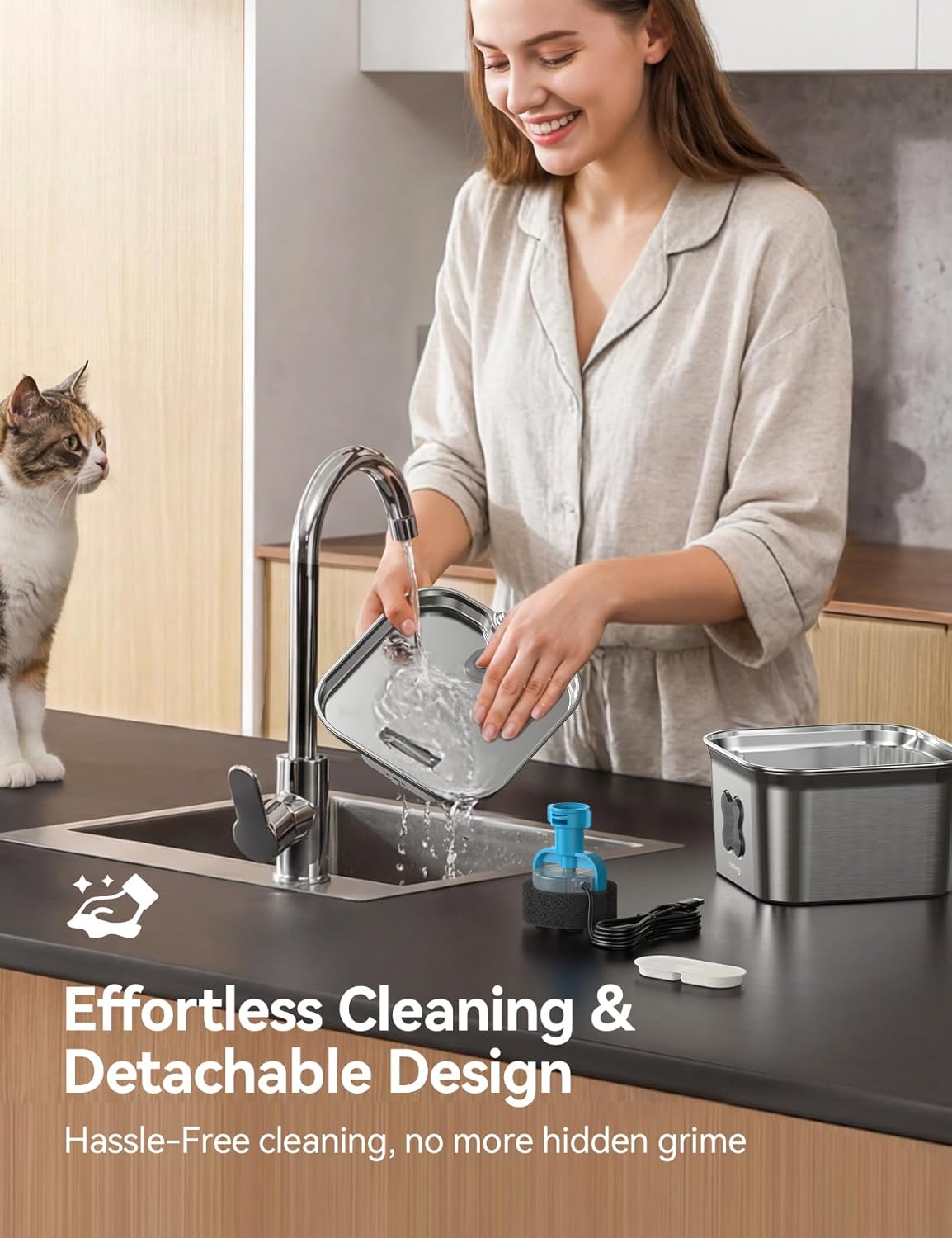 2.8L Cat Water Fountain for Drinking, FEELNEEDY UK W22X Stainless Steel Pet Water Fountain Cat Bowl with 3 Pack Filters, Visible Water Level, Dishwasher Safe
