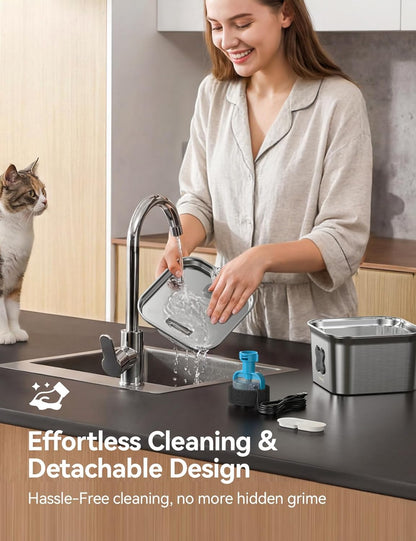 2.8L Cat Water Fountain for Drinking, FEELNEEDY UK W22X Stainless Steel Pet Water Fountain Cat Bowl with 3 Pack Filters, Visible Water Level, Dishwasher Safe
