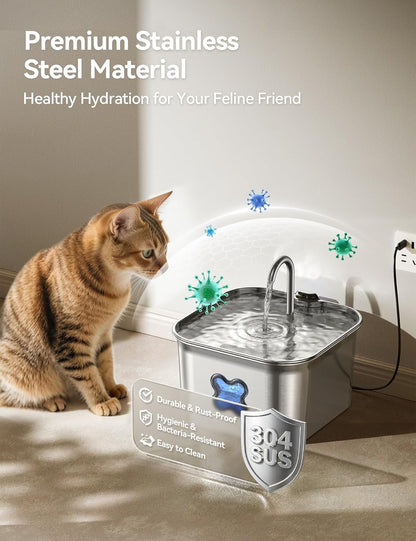 2.8L Cat Water Fountain for Drinking, FEELNEEDY UK W22X Stainless Steel Pet Water Fountain Cat Bowl with 3 Pack Filters, Visible Water Level, Dishwasher Safe