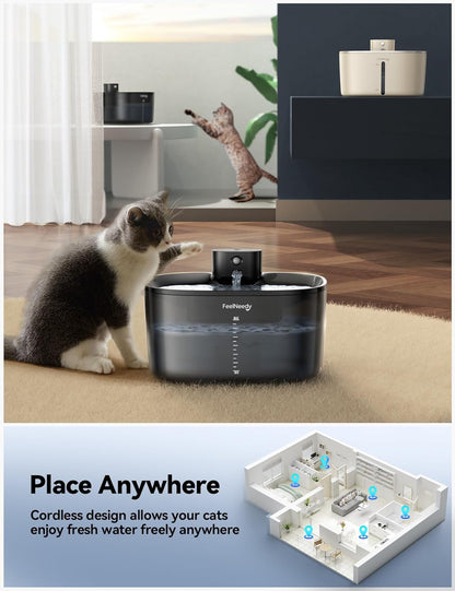 Wireless Cat Water Fountain, FEELNEEDY 4L/135 fl oz Battery Operated Pet Water Fountain for Cats Pump-Free Design, Motion Sensor Cat Drinking Fountain Ultra Quiet (Clear Black+6 Pack Filters,FN-W07)
