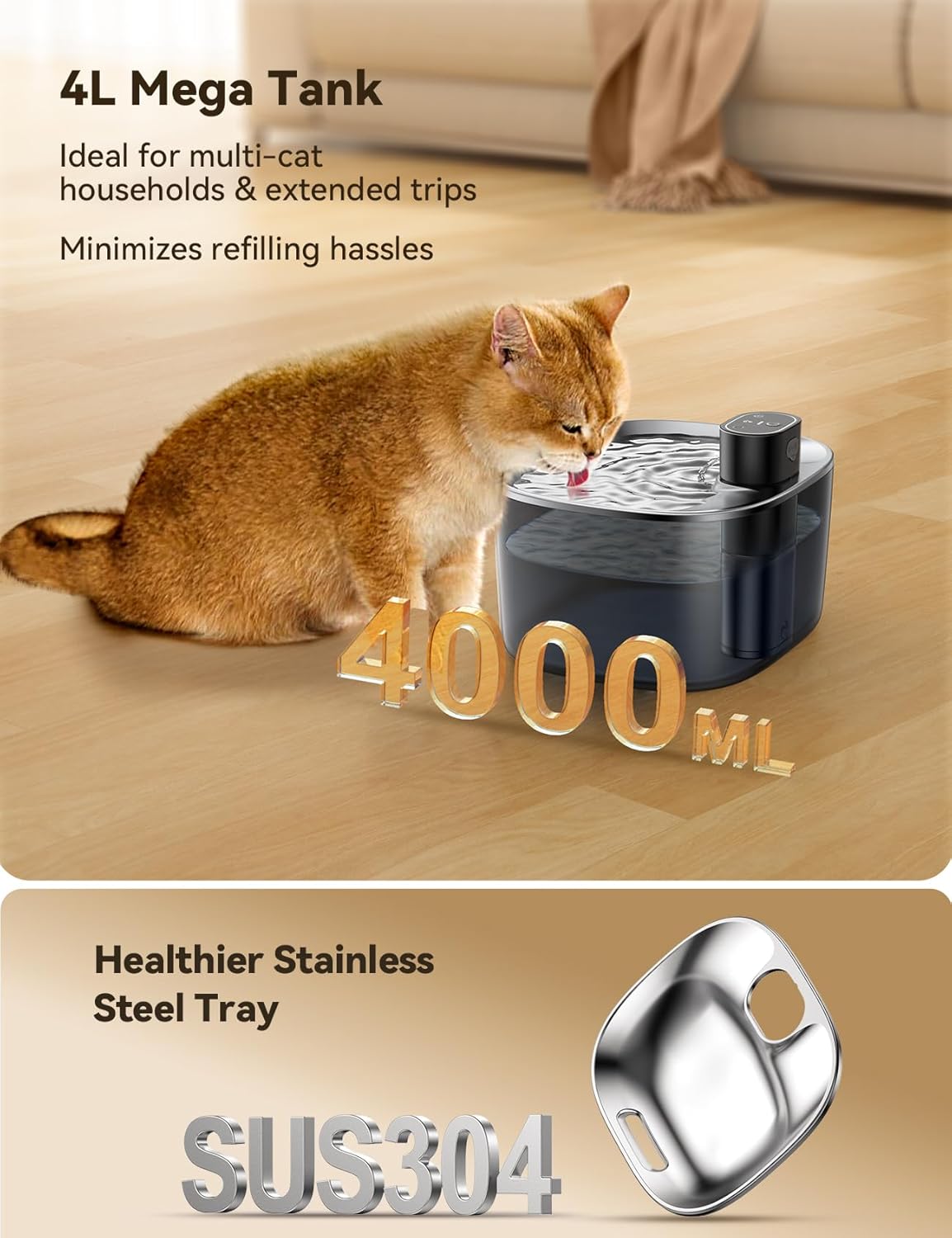 FEELNEEDY FN-W07 Wireless Cat Water Fountain, No Pump for Easy Cleaning, 4000mAh Detachable & Rechargeable Battery, Motion Sensor with Low Water & Power Alerts - Includes 6 Filters (4L/135oz)
