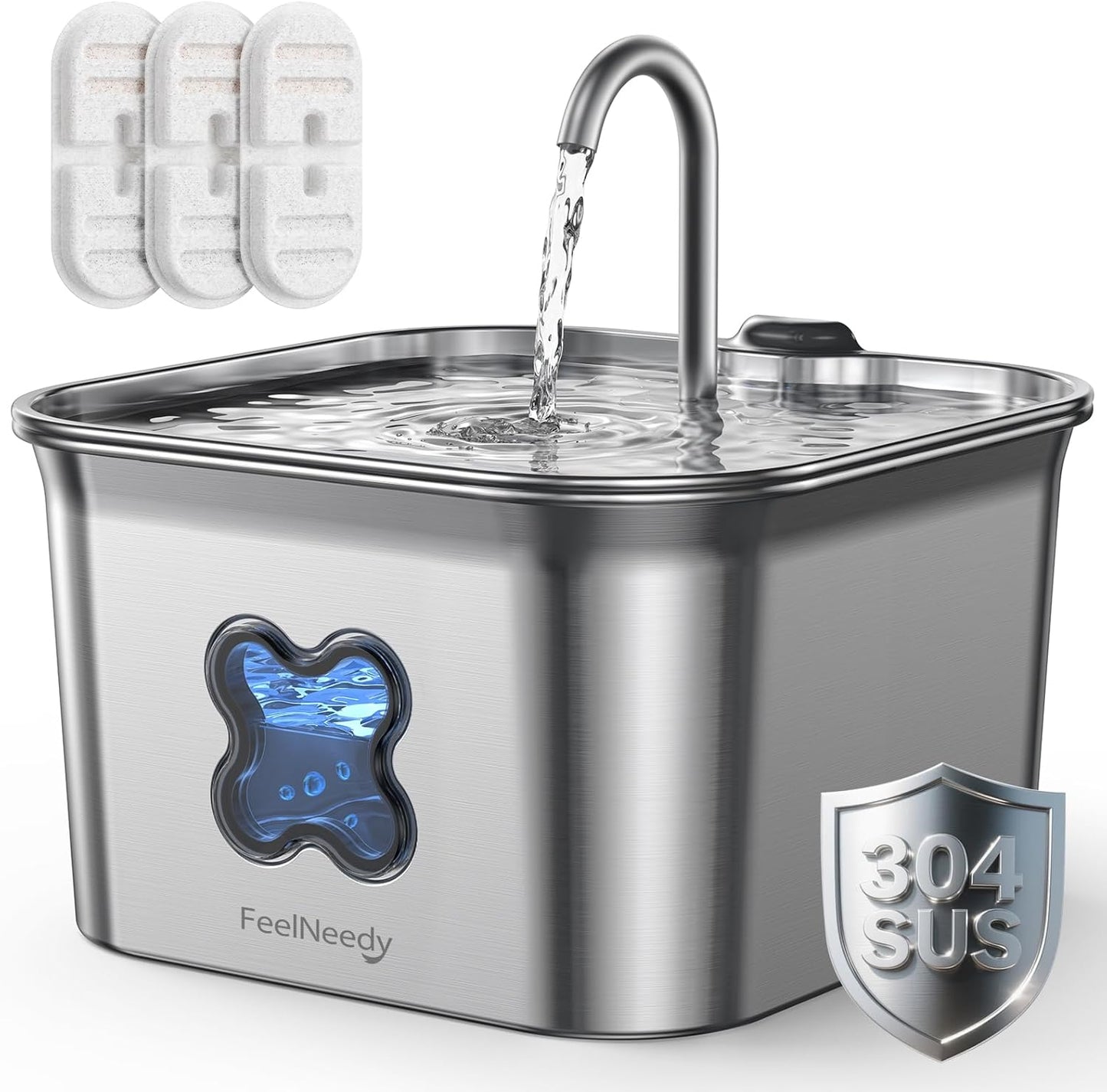 2.8L Cat Water Fountain for Drinking, FEELNEEDY UK W22X Stainless Steel Pet Water Fountain Cat Bowl with 3 Pack Filters, Visible Water Level, Dishwasher Safe