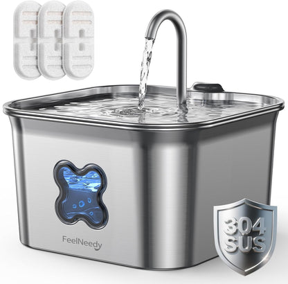 2.8L Cat Water Fountain for Drinking, FEELNEEDY UK W22X Stainless Steel Pet Water Fountain Cat Bowl with 3 Pack Filters, Visible Water Level, Dishwasher Safe