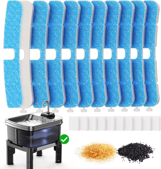 10 Pcs Replacement Filters & 10 Pcs Pump Filters Sponges, Multi-Layer Filtration System Carbon Filters Compatible with 9L/2.38Gal 3 Heights Adjustable Fountain (FN-W25)