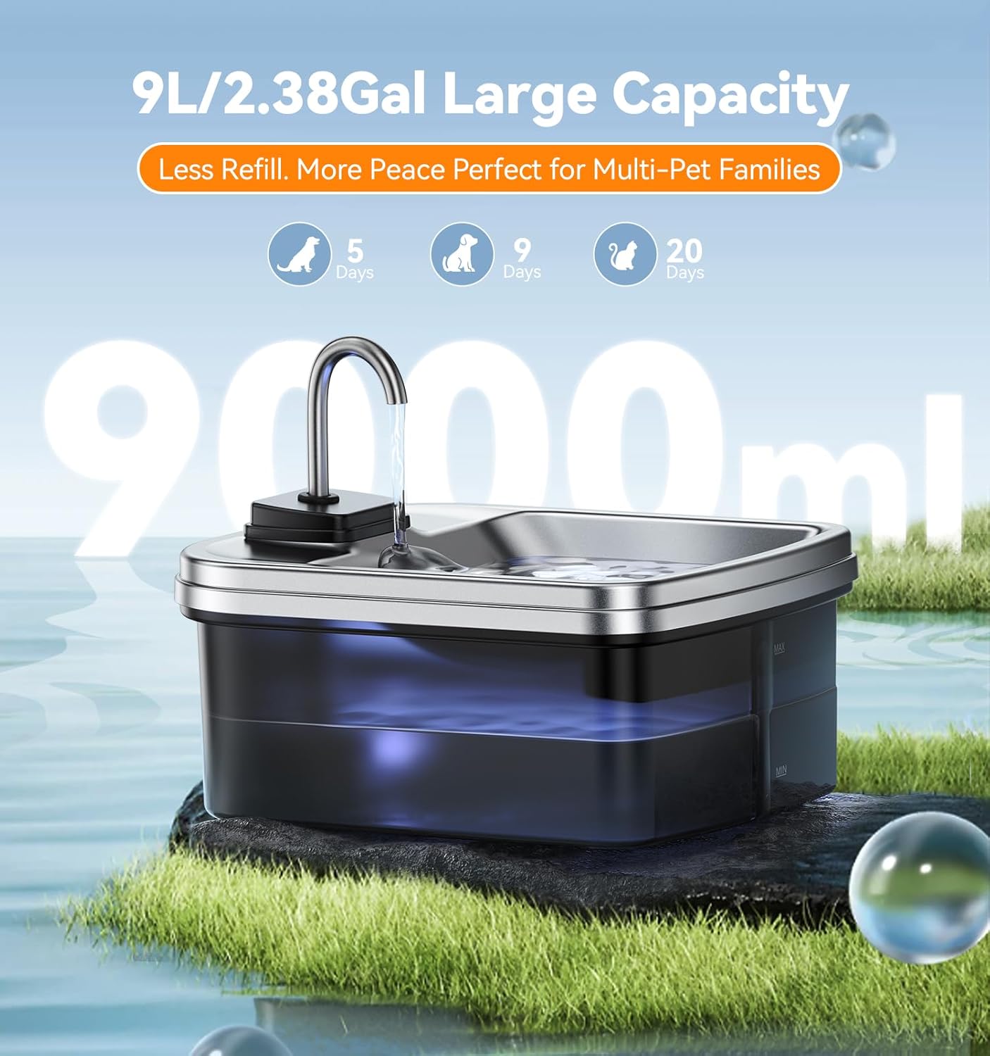 FEELNEEDY  FN-W25 9L/2.38Gal Elevated Dog Water Fountain with 4-Height Adjustable Stand, FeelNeedy Large Pet Water Dispenser with Durable Ultra-Quiet Pump & Stainless Steel Tray, Water Bowl for Large Dogs Indoor
