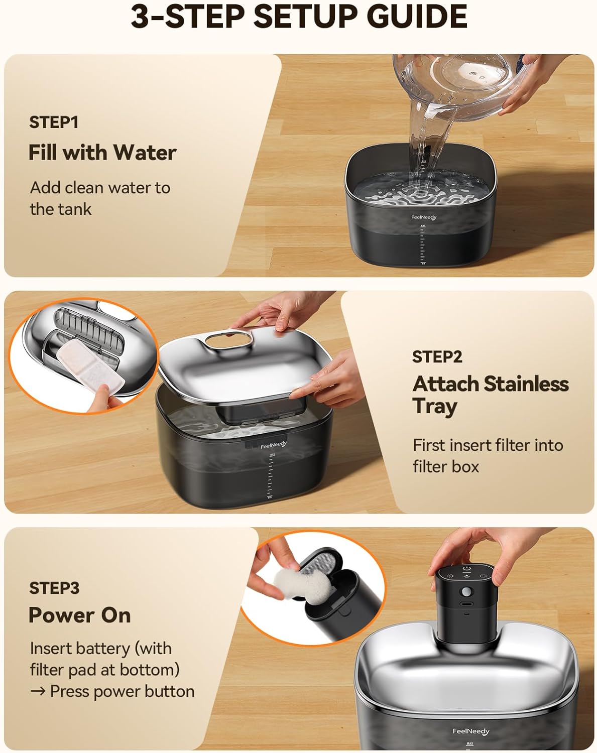 FEELNEEDY FN-W07 Wireless Cat Water Fountain, No Pump for Easy Cleaning, 4000mAh Detachable & Rechargeable Battery, Motion Sensor with Low Water & Power Alerts - Includes 6 Filters (4L/135oz)