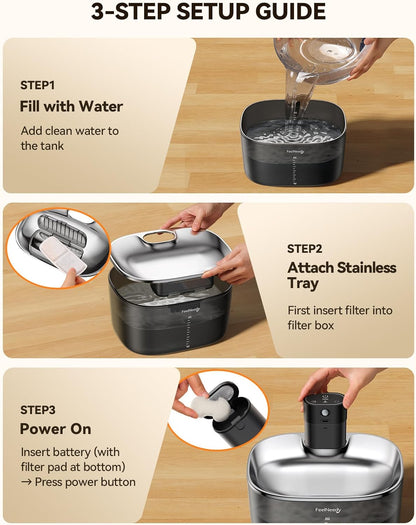 FEELNEEDY FN-W07 Wireless Cat Water Fountain, No Pump for Easy Cleaning, 4000mAh Detachable & Rechargeable Battery, Motion Sensor with Low Water & Power Alerts - Includes 6 Filters (4L/135oz)