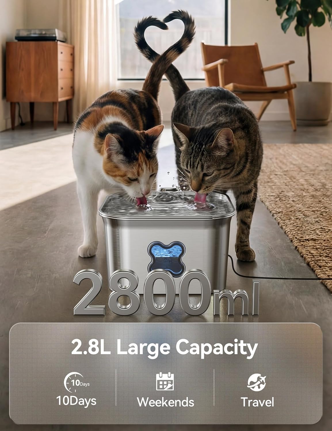 2.8L Cat Water Fountain for Drinking, FEELNEEDY UK W22X Stainless Steel Pet Water Fountain Cat Bowl with 3 Pack Filters, Visible Water Level, Dishwasher Safe