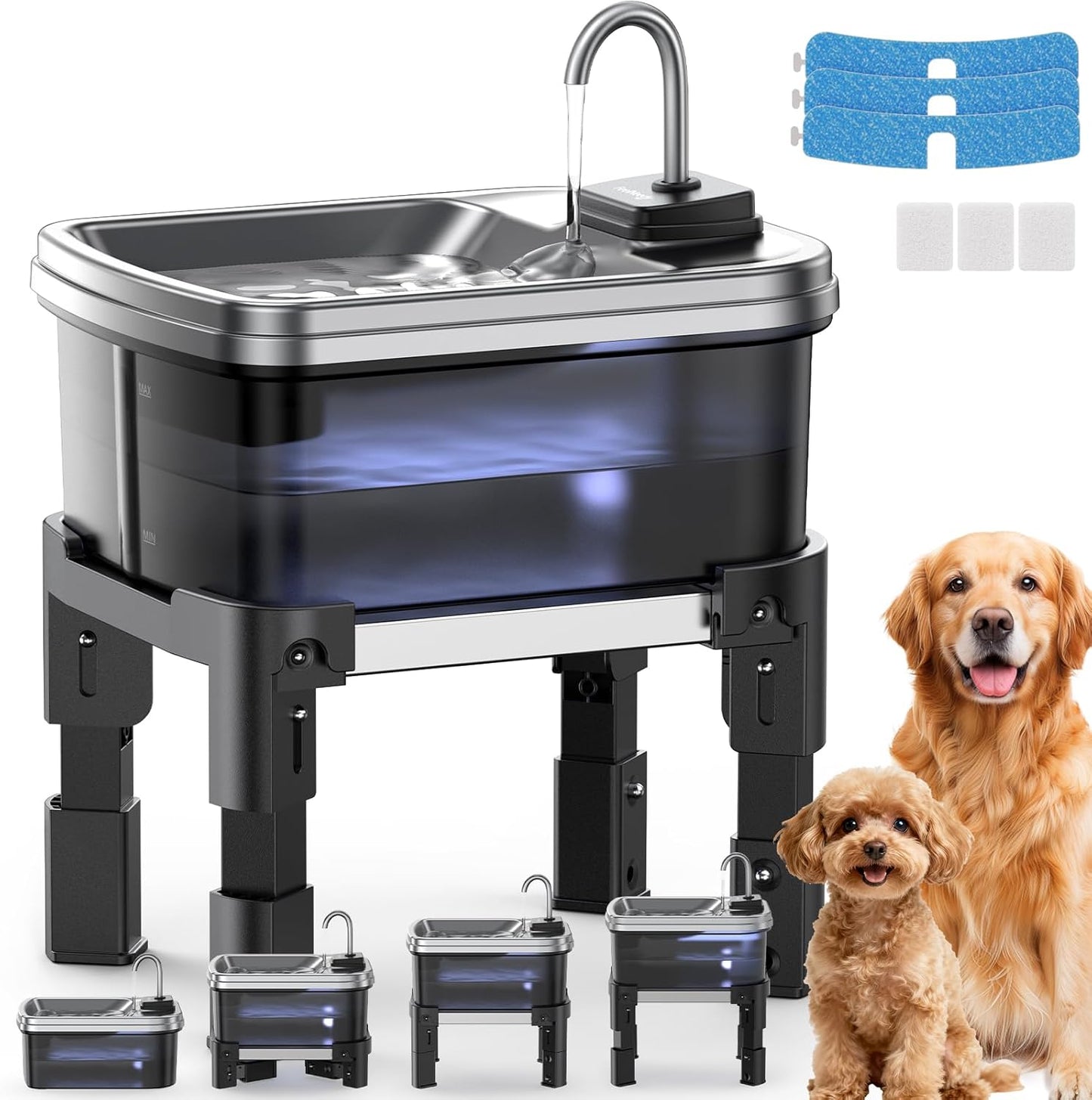 FEELNEEDY  FN-W25 9L/2.38Gal Elevated Dog Water Fountain with 4-Height Adjustable Stand, FeelNeedy Large Pet Water Dispenser with Durable Ultra-Quiet Pump & Stainless Steel Tray, Water Bowl for Large Dogs Indoor